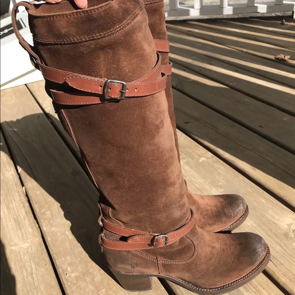 Frye Chestnut Brown Suede Mid-Calf Heeled Boots with Buckle Straps